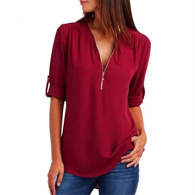 Women T'shirt V-neck Zipper