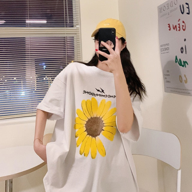 Summer Tshirt Women Print Sun Flower