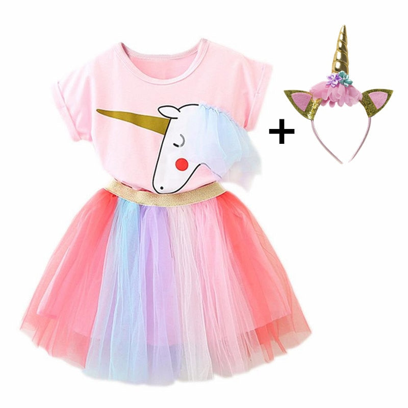 Cartoon Unicorn Pattern Tshirt and Tutu Dress for Girls