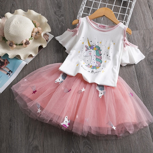 Cartoon Unicorn Pattern Tshirt and Tutu Dress for Girls