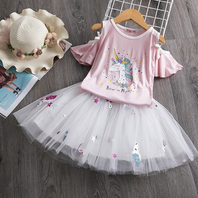 Cartoon Unicorn Pattern Tshirt and Tutu Dress for Girls